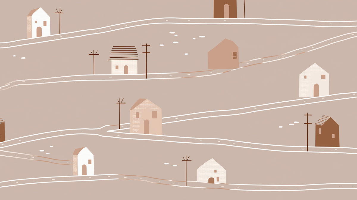 Minimalist Hillside Village Pattern | Neutral Tones, Abstract Road Map, Subtle Texture