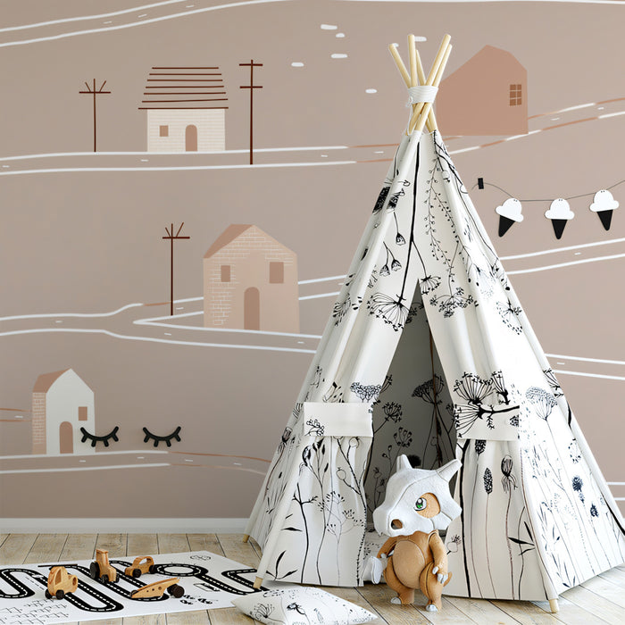 Minimalist Hillside Village Pattern | Neutral Tones, Abstract Road Map, Subtle Texture