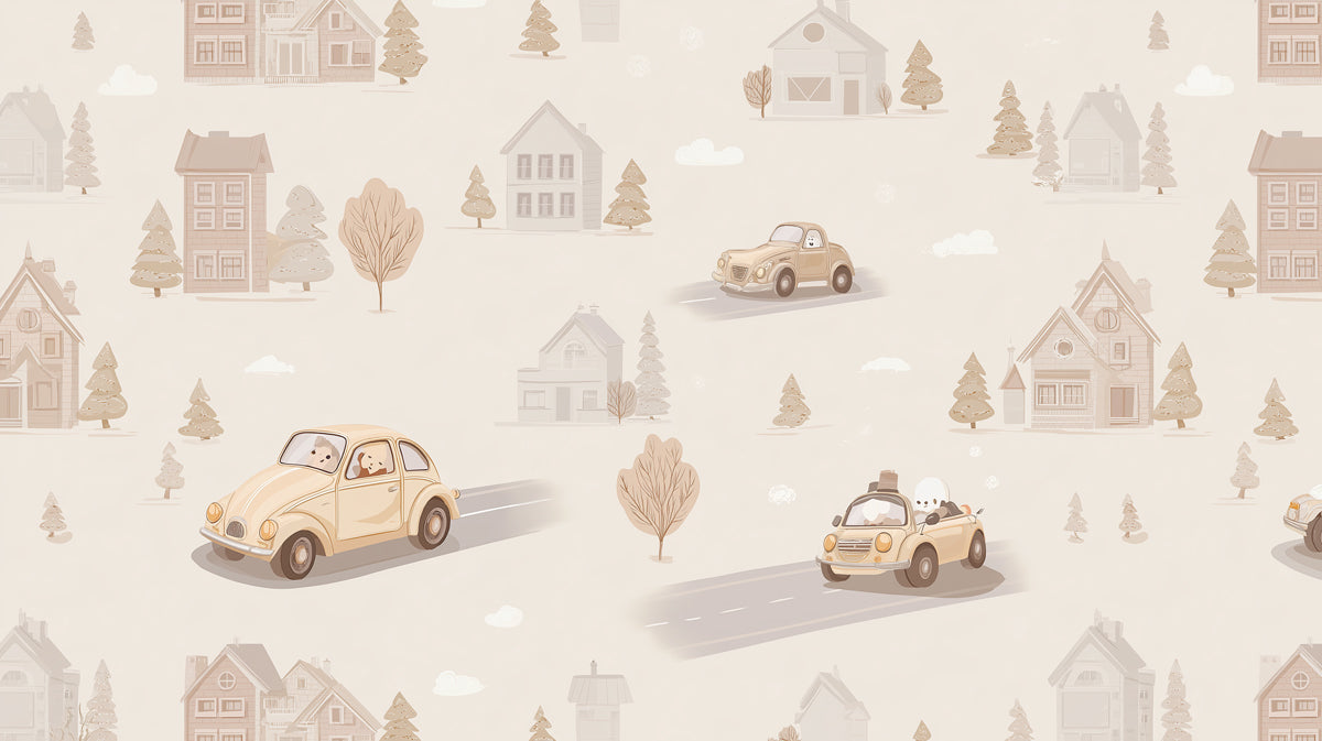 Vintage Car & Village Mural | Watercolor Style, Neutral Tones, Cozy Storybook Scene