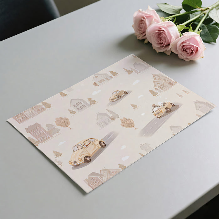 Vintage Car & Village Mural | Watercolor Style, Neutral Tones, Cozy Storybook Scene