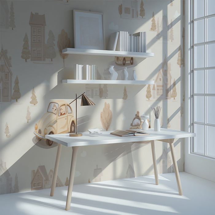 Vintage Car & Village Mural | Watercolor Style, Neutral Tones, Cozy Storybook Scene