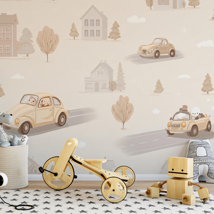 Vintage Car & Village Mural | Watercolor Style, Neutral Tones, Cozy Storybook Scene