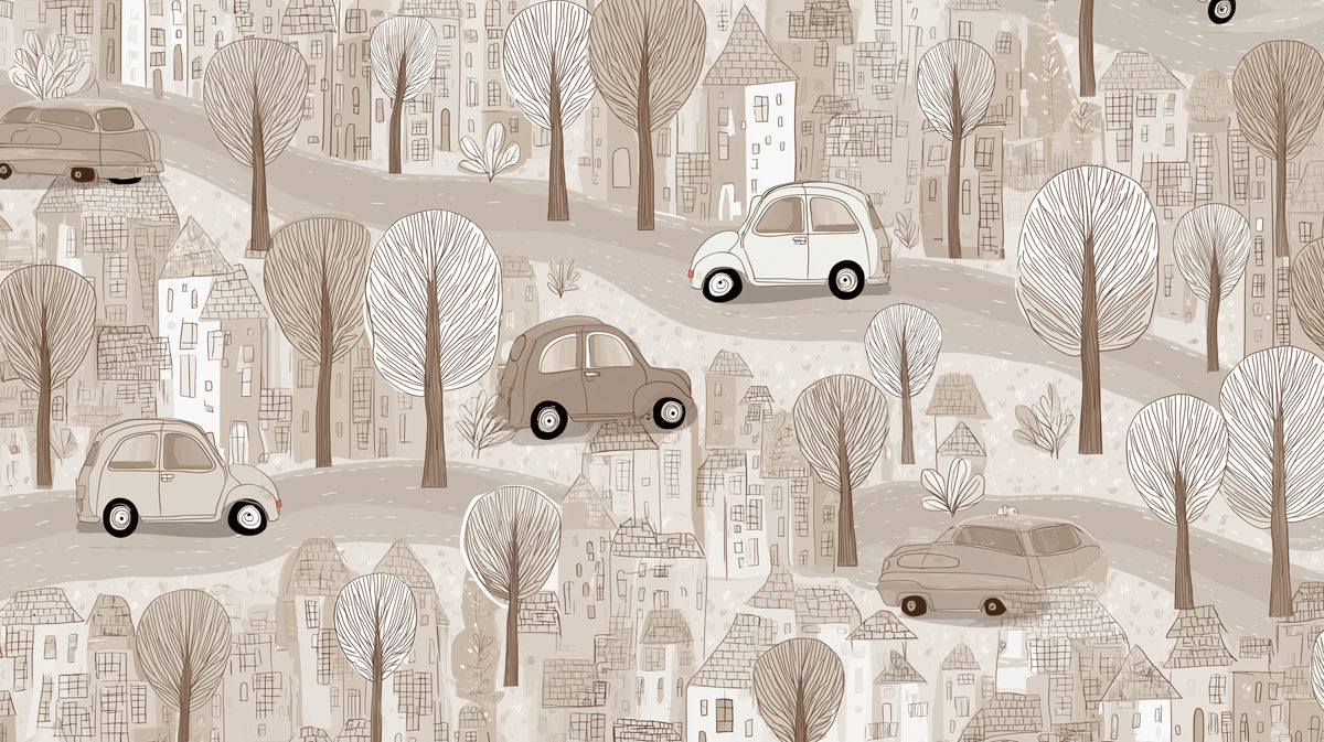 Vintage City Sketch Mural | Monochromatic Sepia, Classic Cars, Intricate Townscape