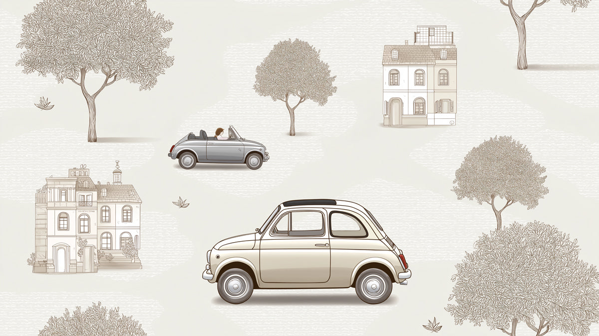 Vintage Fiat Car Mural | Suburban Scene, Sepia Sketch Trees, Elegant Neutral