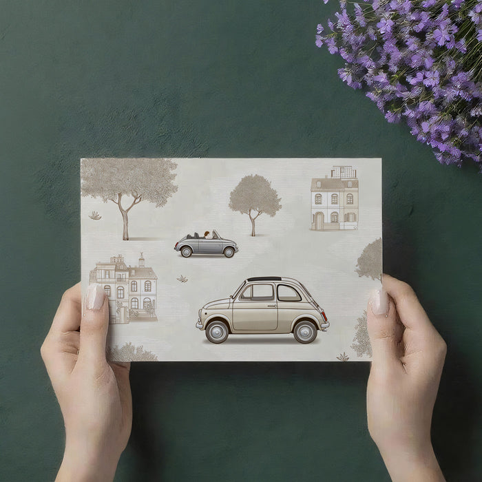 Vintage Fiat Car Mural | Suburban Scene, Sepia Sketch Trees, Elegant Neutral