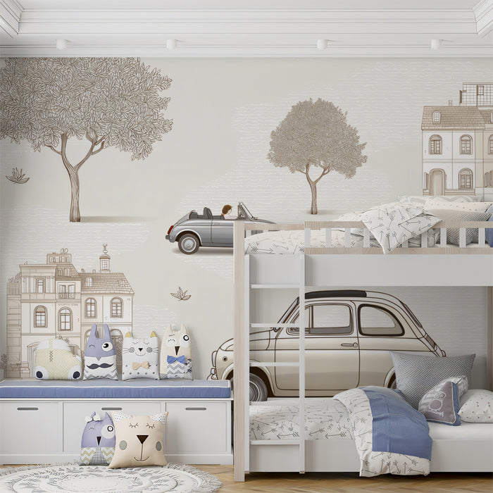 Vintage Fiat Car Mural | Suburban Scene, Sepia Sketch Trees, Elegant Neutral