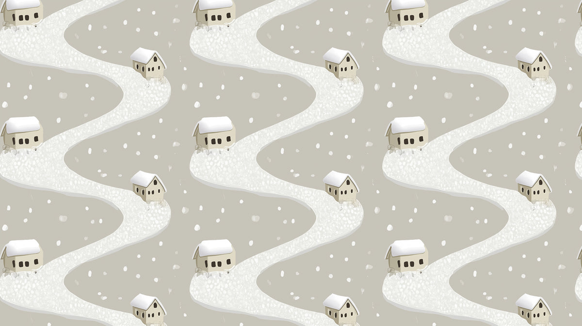 Minimalist Winter Village Pattern | Monochromatic, Winding Road, Cozy Snow Scene