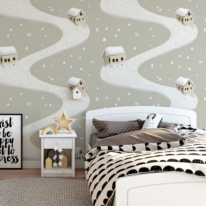 Minimalist Winter Village Pattern | Monochromatic, Winding Road, Cozy Snow Scene
