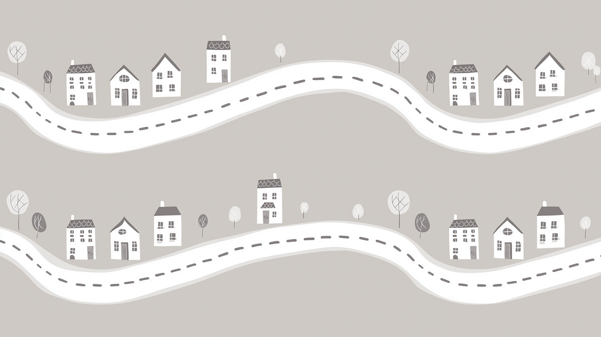 Monochromatic Roadside Village Pattern | Neutral Gray, Minimalist Houses, Play Map