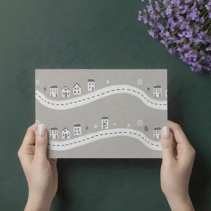 Monochromatic Roadside Village Pattern | Neutral Gray, Minimalist Houses, Play Map