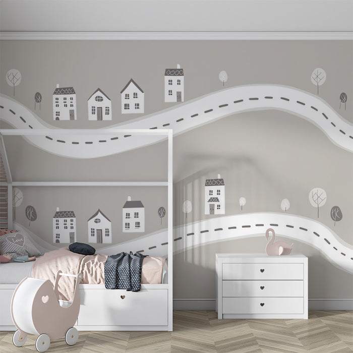 Monochromatic Roadside Village Pattern | Neutral Gray, Minimalist Houses, Play Map