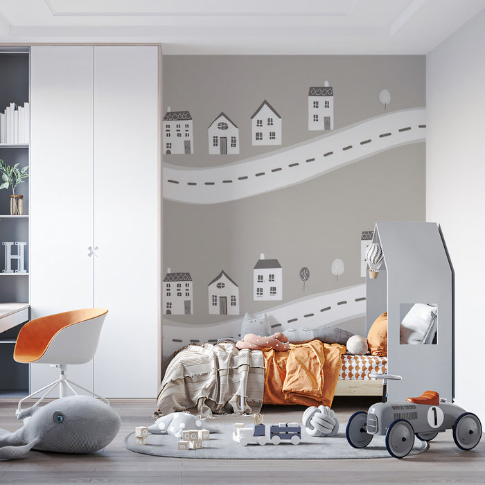 Monochromatic Roadside Village Pattern | Neutral Gray, Minimalist Houses, Play Map