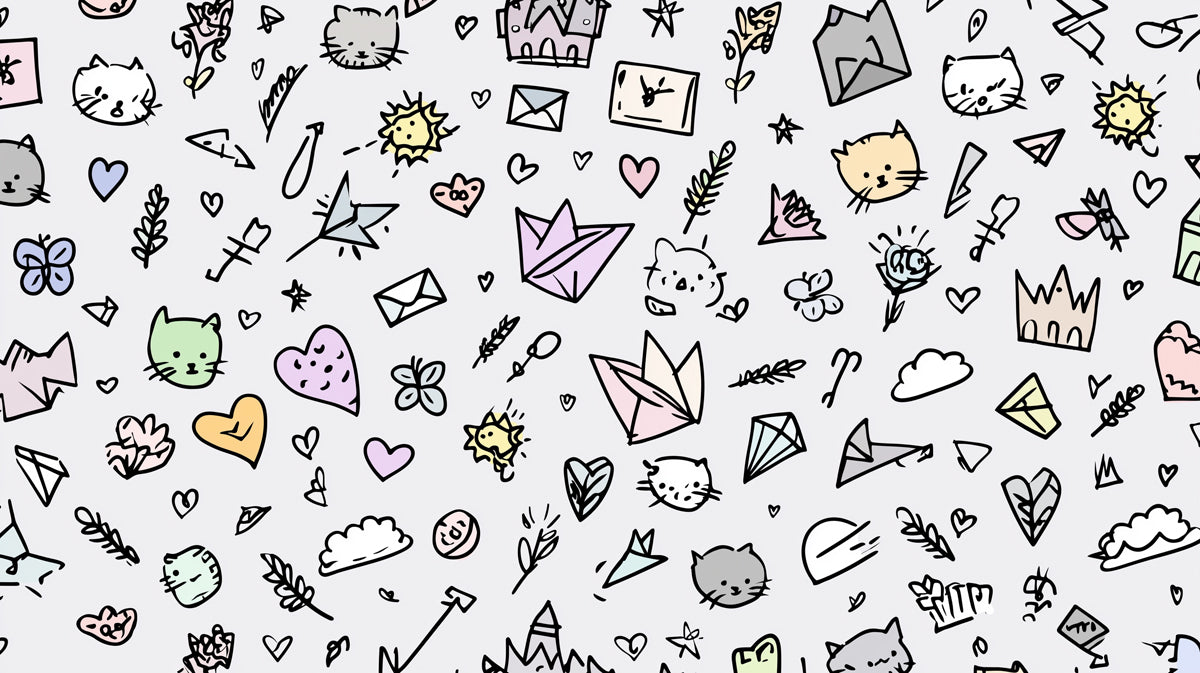 Kawaii Doodle Pattern | Minimalist Line Art, Pastel Accents, Whimsical Motif