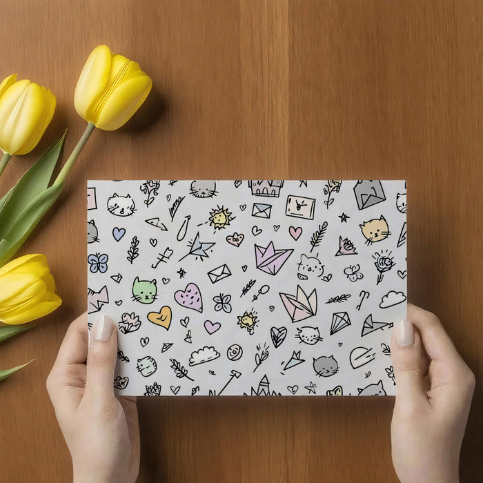 Kawaii Doodle Pattern | Minimalist Line Art, Pastel Accents, Whimsical Motif