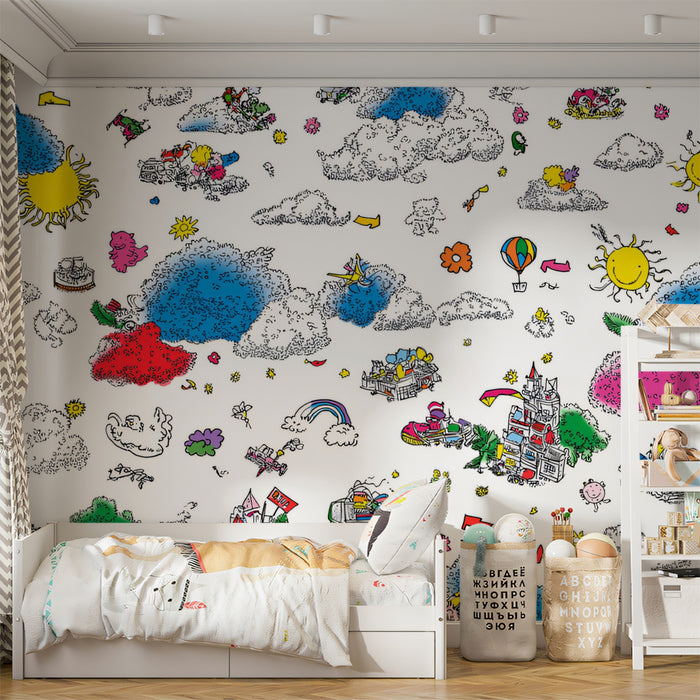 Where's Waldo Style Doodle Mural | Ultra-Dense, High-Contrast, Whimsical Townscape