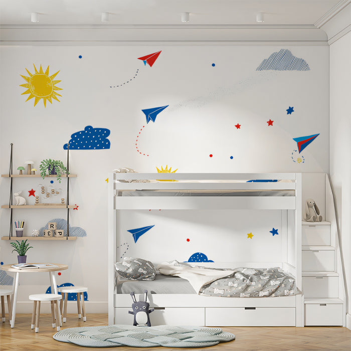 Paper Airplane Doodle Pattern | Primary Colors, Geometric, Minimalist Sky Motif