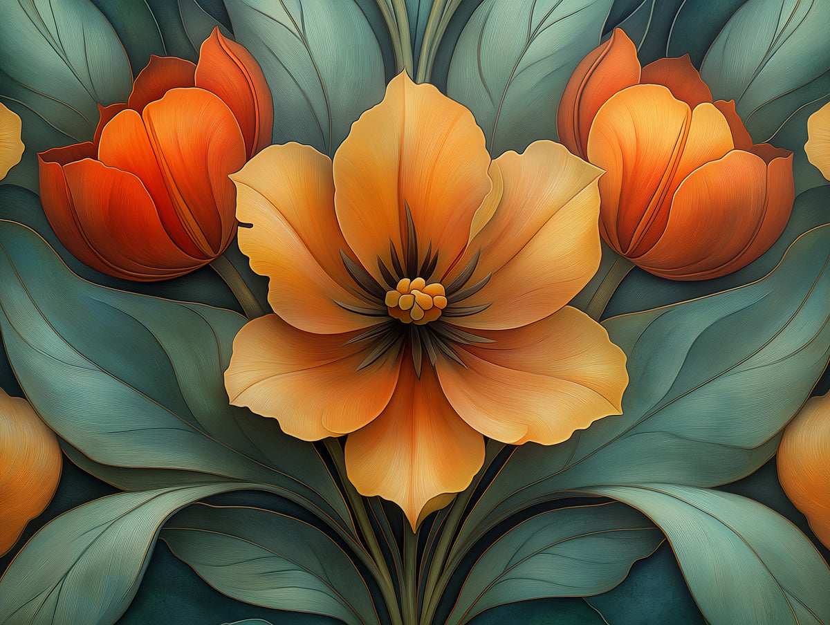 Giant Tulip Mural Wallpaper in Living Room | Various Colors (Orange, Green, etc.) of Tulip