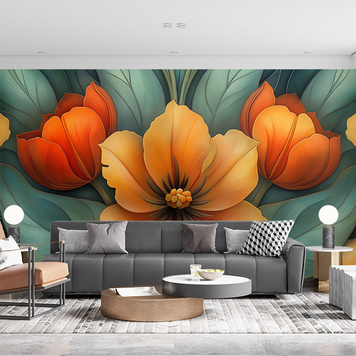 Giant Tulip Mural Wallpaper in Living Room | Various Colors (Orange, Green, etc.) of Tulip