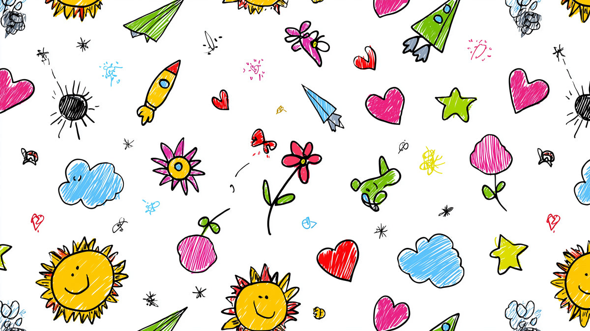 Child's Scribble Doodle Pattern | Rockets, Flowers & Hearts, Fun Primary Colors