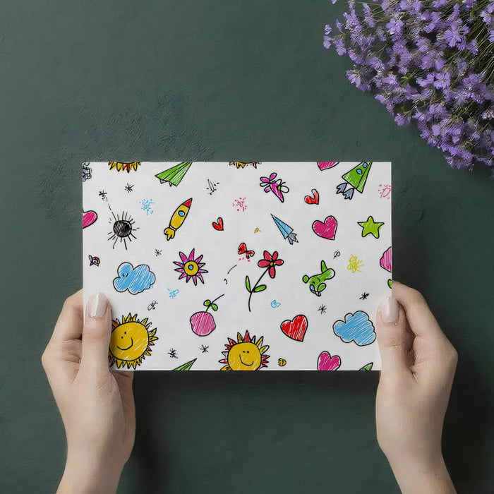 Child's Scribble Doodle Pattern | Rockets, Flowers & Hearts, Fun Primary Colors