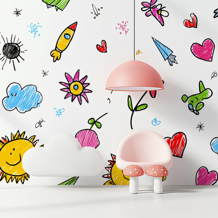 Child's Scribble Doodle Pattern | Rockets, Flowers & Hearts, Fun Primary Colors