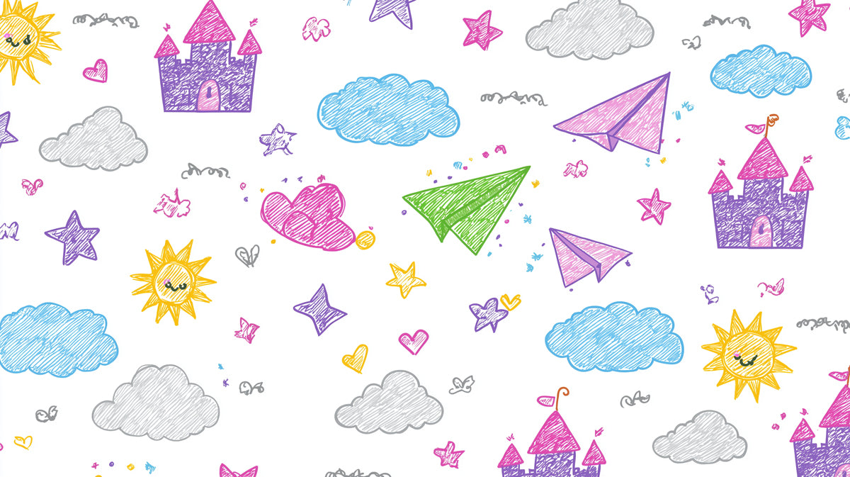 Cheerful Castle and Sun Pattern Mural Wallpaper | Scribble Doodle, Bright Pastels, Whimsical Kids' Design