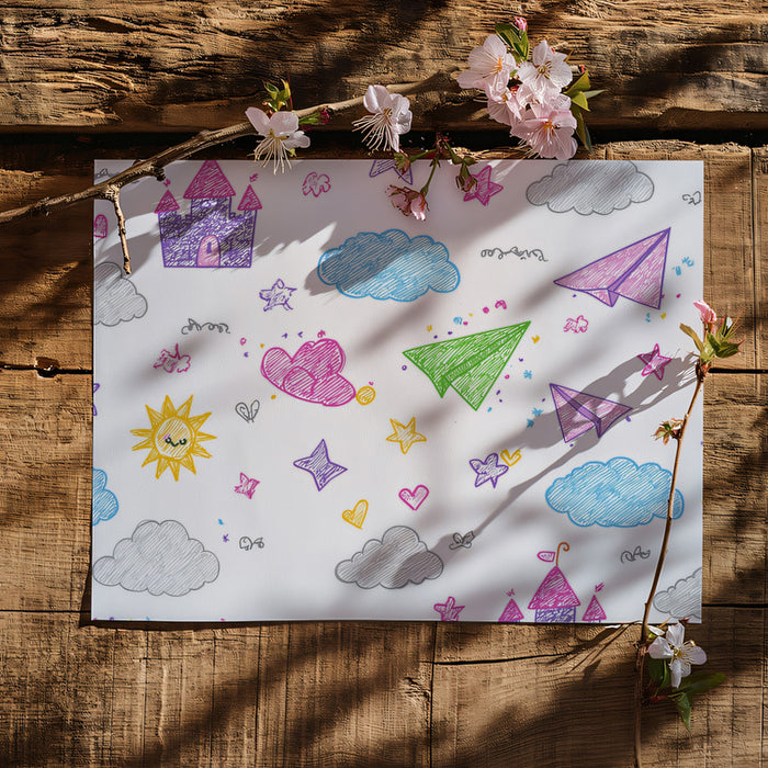 Cheerful Castle and Sun Pattern Mural Wallpaper | Scribble Doodle, Bright Pastels, Whimsical Kids' Design