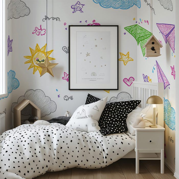 Cheerful Castle and Sun Pattern Mural Wallpaper | Scribble Doodle, Bright Pastels, Whimsical Kids' Design
