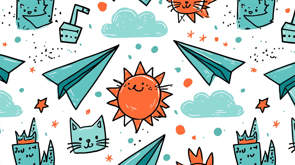 Teal Adventure Doodle Mural Wallpaper | Organic Sun, Paper Plane, Vibrant Teal and Orange Sketch