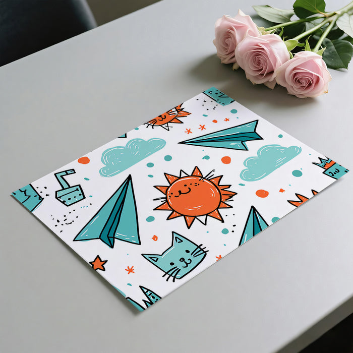 Teal Adventure Doodle Mural Wallpaper | Organic Sun, Paper Plane, Vibrant Teal and Orange Sketch