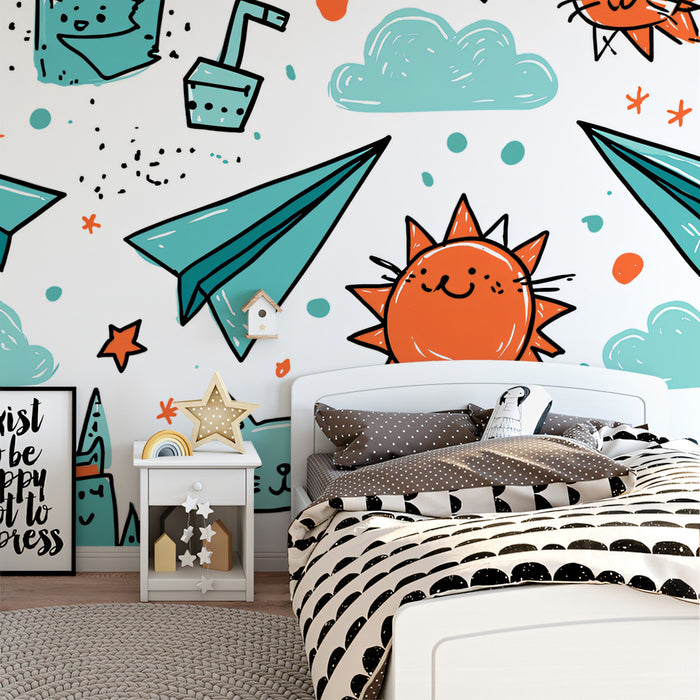 Teal Adventure Doodle Mural Wallpaper | Organic Sun, Paper Plane, Vibrant Teal and Orange Sketch