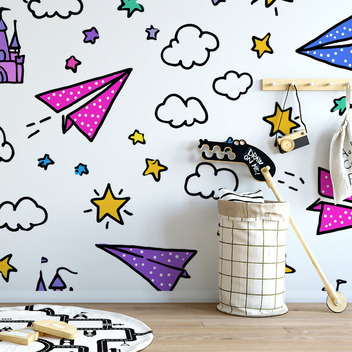 Enchanted Flight Doodle Mural Wallpaper | Pink, Blue, Purple Fantasy, High-Energy Kids' Room