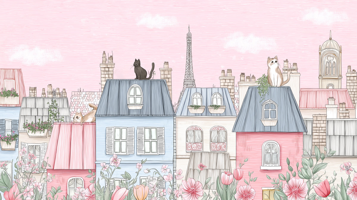 Parisian Rooftops Cityscape Mural Wallpaper | Pastel Pink and Blue, Cat on Roof, Fine Sketch Texture