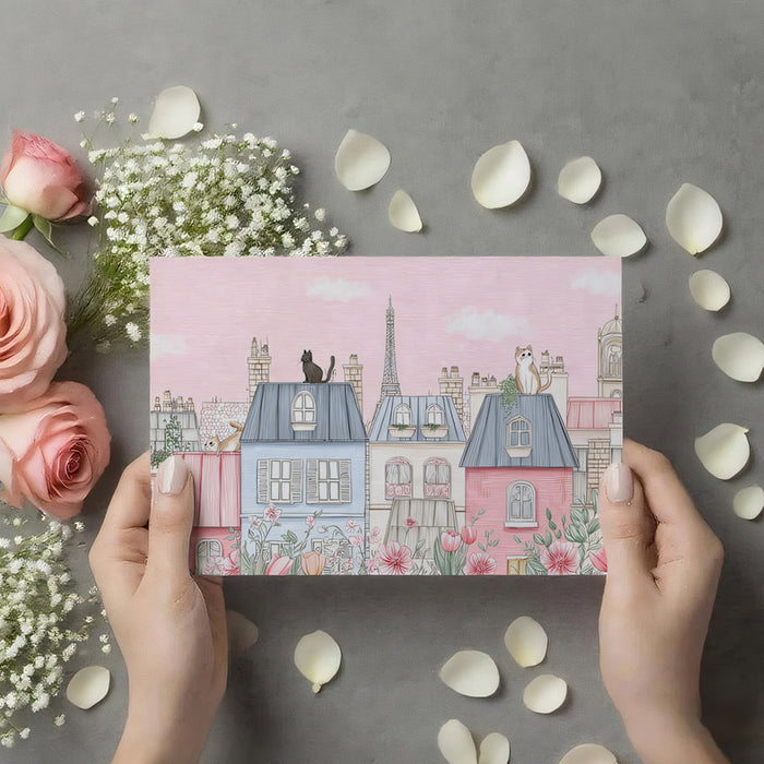 Parisian Rooftops Cityscape Mural Wallpaper | Pastel Pink and Blue, Cat on Roof, Fine Sketch Texture