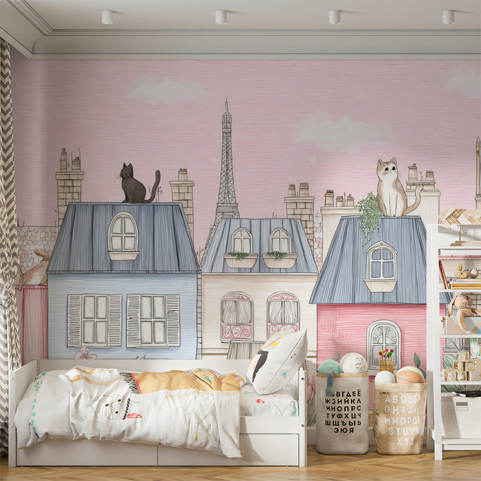 Parisian Rooftops Cityscape Mural Wallpaper | Pastel Pink and Blue, Cat on Roof, Fine Sketch Texture