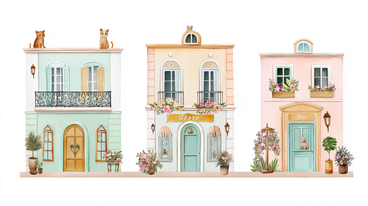 Charming Storefronts Mural Wallpaper | Pastel European Watercolor, Cats and Flowers, Storybook Art