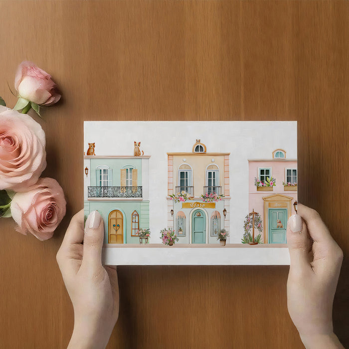 Charming Storefronts Mural Wallpaper | Pastel European Watercolor, Cats and Flowers, Storybook Art
