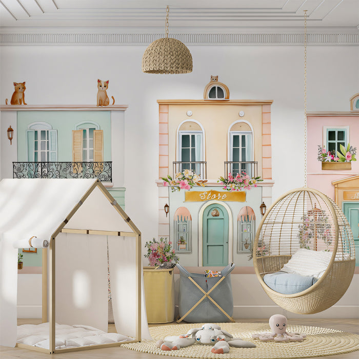 Charming Storefronts Mural Wallpaper | Pastel European Watercolor, Cats and Flowers, Storybook Art