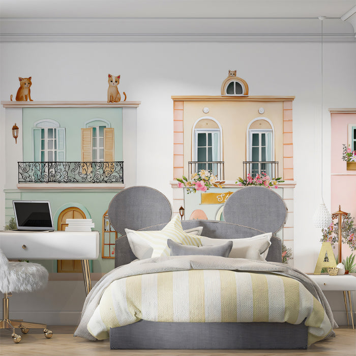 Charming Storefronts Mural Wallpaper | Pastel European Watercolor, Cats and Flowers, Storybook Art