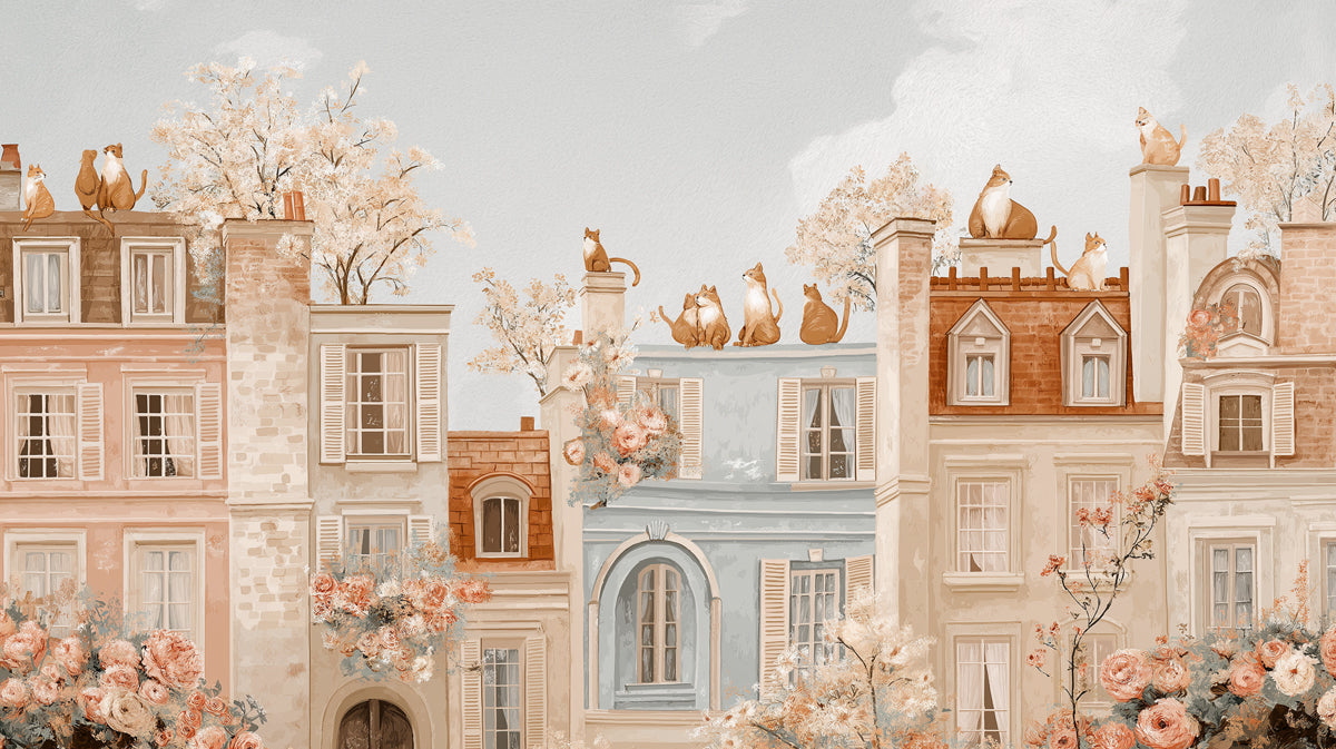 Terrace Cats Cityscape Mural Wallpaper | Warm Sepia and Blush, Painterly Watercolor, Mediterranean Vibe