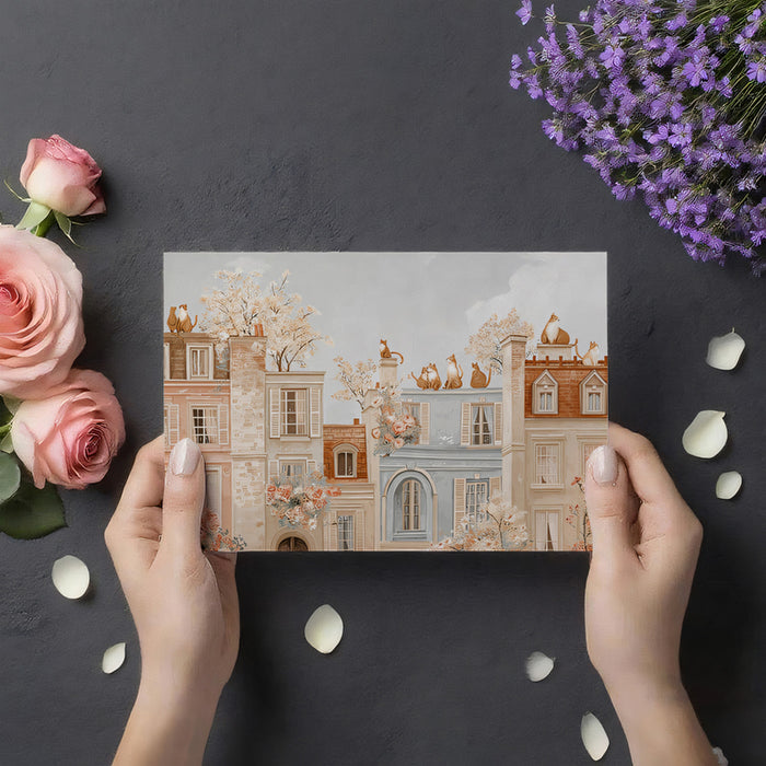 Terrace Cats Cityscape Mural Wallpaper | Warm Sepia and Blush, Painterly Watercolor, Mediterranean Vibe