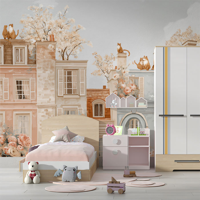 Terrace Cats Cityscape Mural Wallpaper | Warm Sepia and Blush, Painterly Watercolor, Mediterranean Vibe
