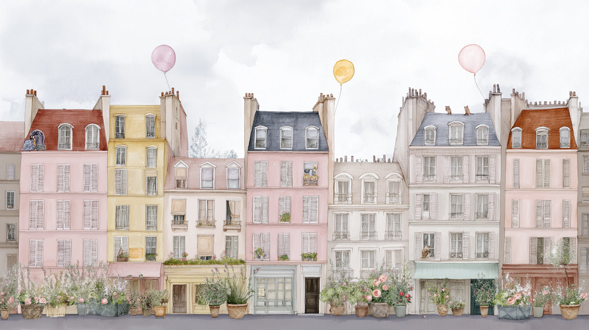 European Street Art Mural Wallpaper | Watercolor Townscape, Floating Balloons, Unassuming Elegance