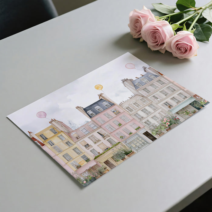 European Street Art Mural Wallpaper | Watercolor Townscape, Floating Balloons, Unassuming Elegance