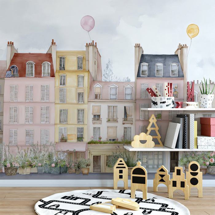 European Street Art Mural Wallpaper | Watercolor Townscape, Floating Balloons, Unassuming Elegance