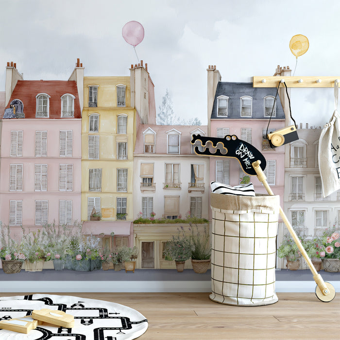 European Street Art Mural Wallpaper | Watercolor Townscape, Floating Balloons, Unassuming Elegance