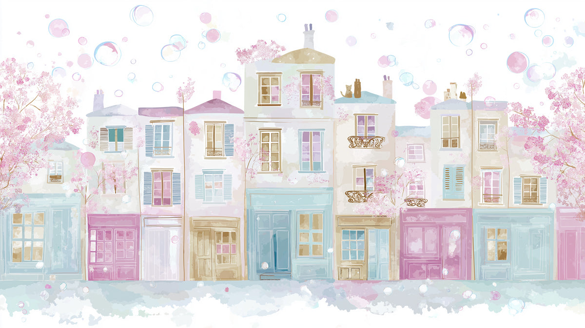 Pastel Springtime Parisian Street Mural Wallpaper | Bubbles, Cherry Blossoms, Airy Fantasy Watercolor