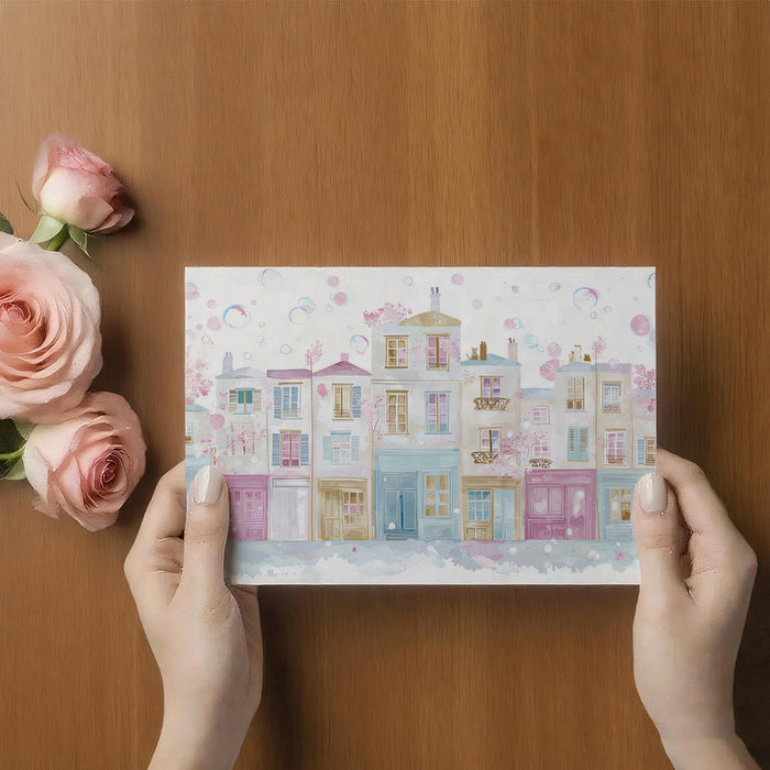 Pastel Springtime Parisian Street Mural Wallpaper | Bubbles, Cherry Blossoms, Airy Fantasy Watercolor