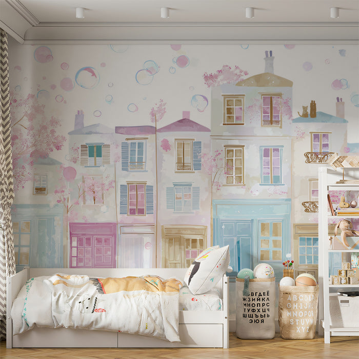 Pastel Springtime Parisian Street Mural Wallpaper | Bubbles, Cherry Blossoms, Airy Fantasy Watercolor