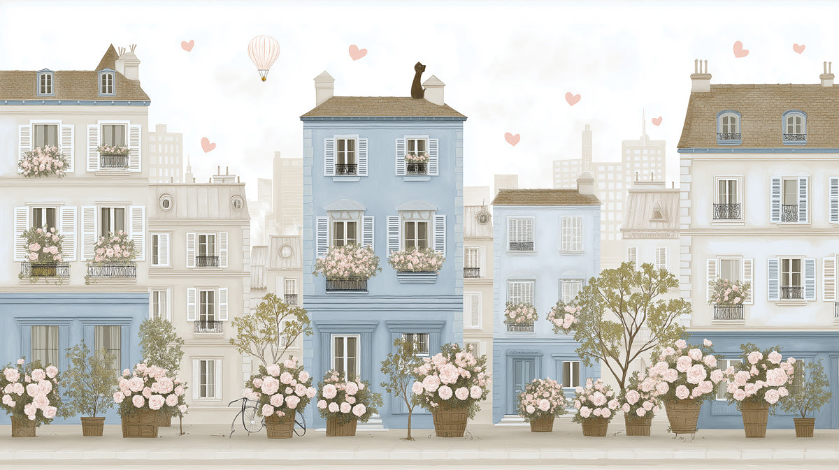 Parisian Cafe Street Floral Scene Mural Wallpaper | Soft Blue, Pink Roses, Tranquil Stroll Illustration